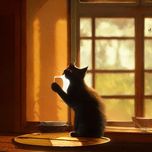 Image similar to a cat in the tavern holding a mug of beer, early morning light from window, craig mullins, hayao miyasaki, artstation, 3 d render, octane