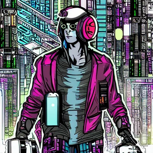 Prompt: cyberpunk hacker in the style of jack kirby