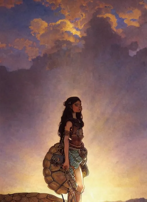 Image similar to a little warrior girl standing on top of one giant turtle in the desert. the girl has dark skin and beautiful green eyes, realistic full body and a very beautiful detailed symmetrical face with long black hair. diffuse light, dramatic sky and landscape, extreme long shot fantasy illustration by mucha