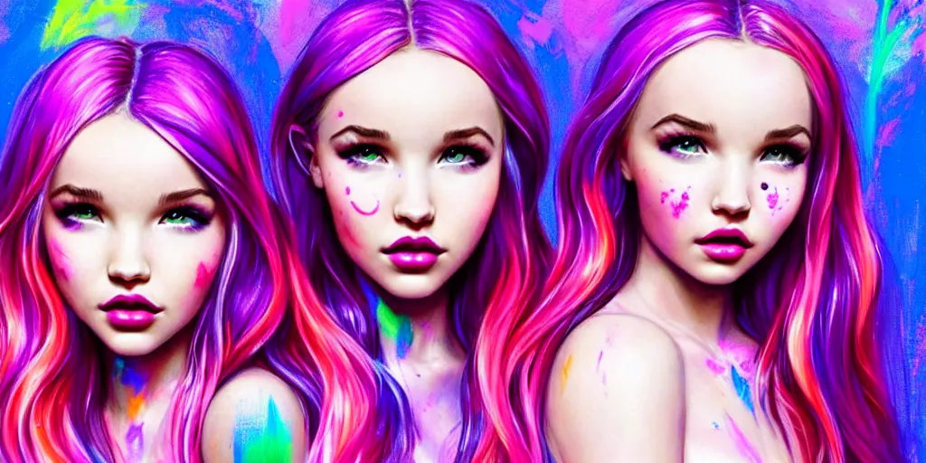 Image similar to dove cameron and madison beer and bella poarch are three beautiful raver girls in the dark, rolling on ecstasy, peaking on pure molly, dilated pupils and covered in florescent paint, highly detailed, digital painting, dramatic lighting, artstation, concept art, matte, sharp focus, illustration, art by artgerm and ross tran and thomas kincade