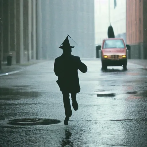 Image similar to a photograph of a man running down the street wearing a hat on a rainy day on expired kodak film, 3 5 mm, award - winning photograph, striking lighting, perfect composition