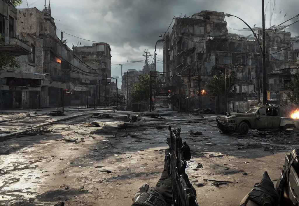 Prompt: still next - gen ps 5 game call of duty warzone 2 0 2 4 remaster, graphics mods, rain, mexican abandoned city, rtx reflections, abandoned buildings, photorealistic screenshot, extremely detailed, ak - 4 7, unreal engine, 4 k, 5 0 mm bokeh, close - up hammer h 1, call of duty remastered, artstation