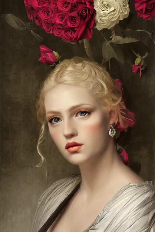 Prompt: hyperrealism close-up mythological portrait of a medieval beautiful blond female merged with huge number of roses, dark palette, pale skin, wearing silver silk robe, in style of classicism