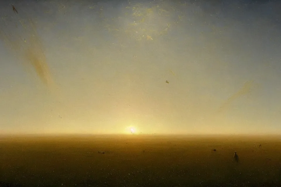 Image similar to sci-fi painting of a large alien city on the vast wheat fields, the closed back view of only one humanoid robot on the ground, by Ivan Aivazovsky, godrays, detailed