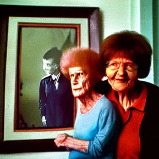 Image similar to alien is photographed with his beloved grandmother, soviet apartment, top secret style, realistic photo, 1 9 7 0 s, color