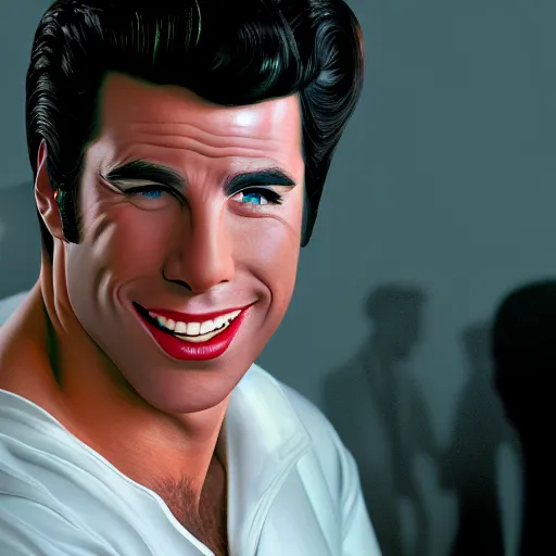 Image similar to a portrait of a beautiful John Travolta from Grease (1978), smiling, Edward Hopper style, clear eyes, illustration, soft lighting, soft details, painting oil on canvas, octane render, HDR, trending on artstation, 4k, 8k, HD