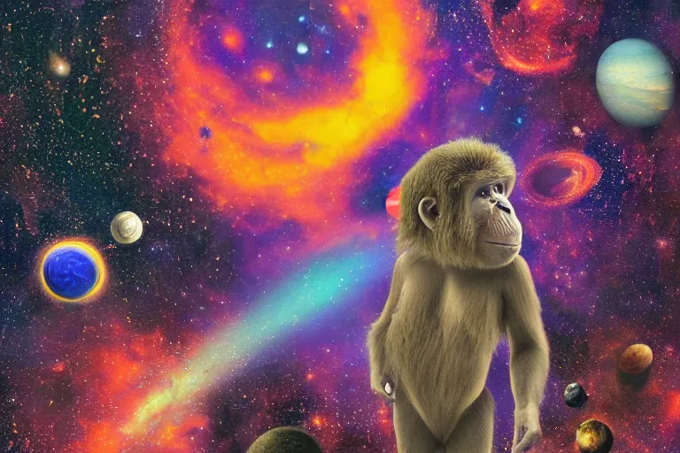 Prompt: one small ape in the distance standing on the edge of a galaxy filled with small planets, by aivazofsky, psychedelic colours, fine detail