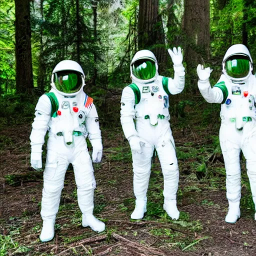 Image similar to a squad of space scouts wearing white and green space suits exploring a forest planet