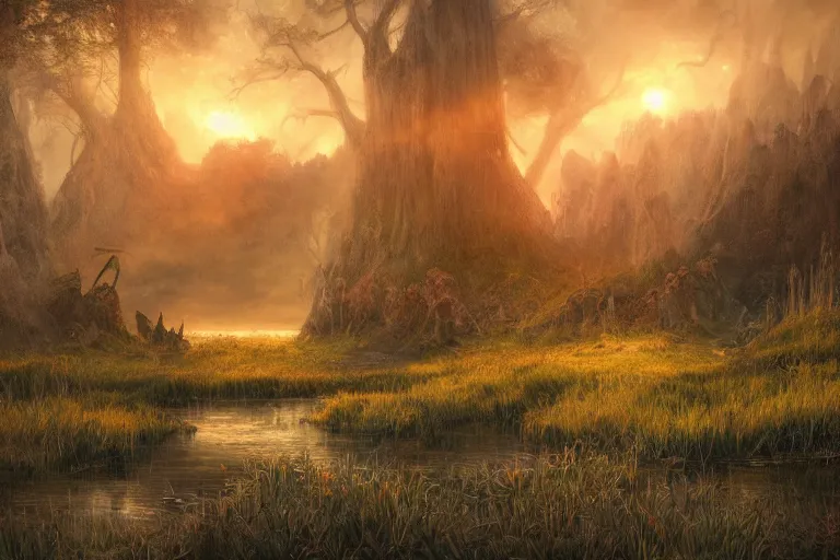 Prompt: fantasy painting, dungeons and dragons, a faerie village, swamp reeds wetland marsh sunset with ominous shadows, a bunny by jessica rossier and brian froud cinematic painting