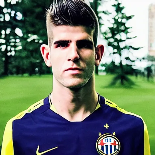 Image similar to “a realistic detailed photo of a guy who is an attractive humanoid who is half robot and half humanoid, who is a male android, Christian Pulisic, shiny skin, posing like a statue, blank stare,, display”