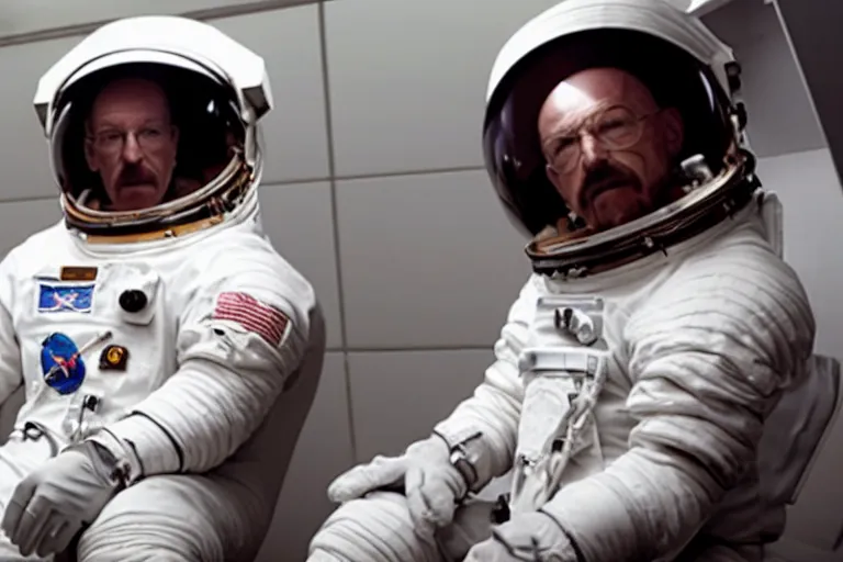 Prompt: astronaut without arms talking with Walter White, movie screenshot, detailed, realistic, clean composition