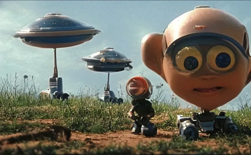 Image similar to movie still from the 2 0 2 2 sequel to batteries not included produced by steven spielberg, starring small very - cute walking and flying ufo - shaped robots who are helping impoverished residents of an orphanage in eastern europe. science - fiction comedy.