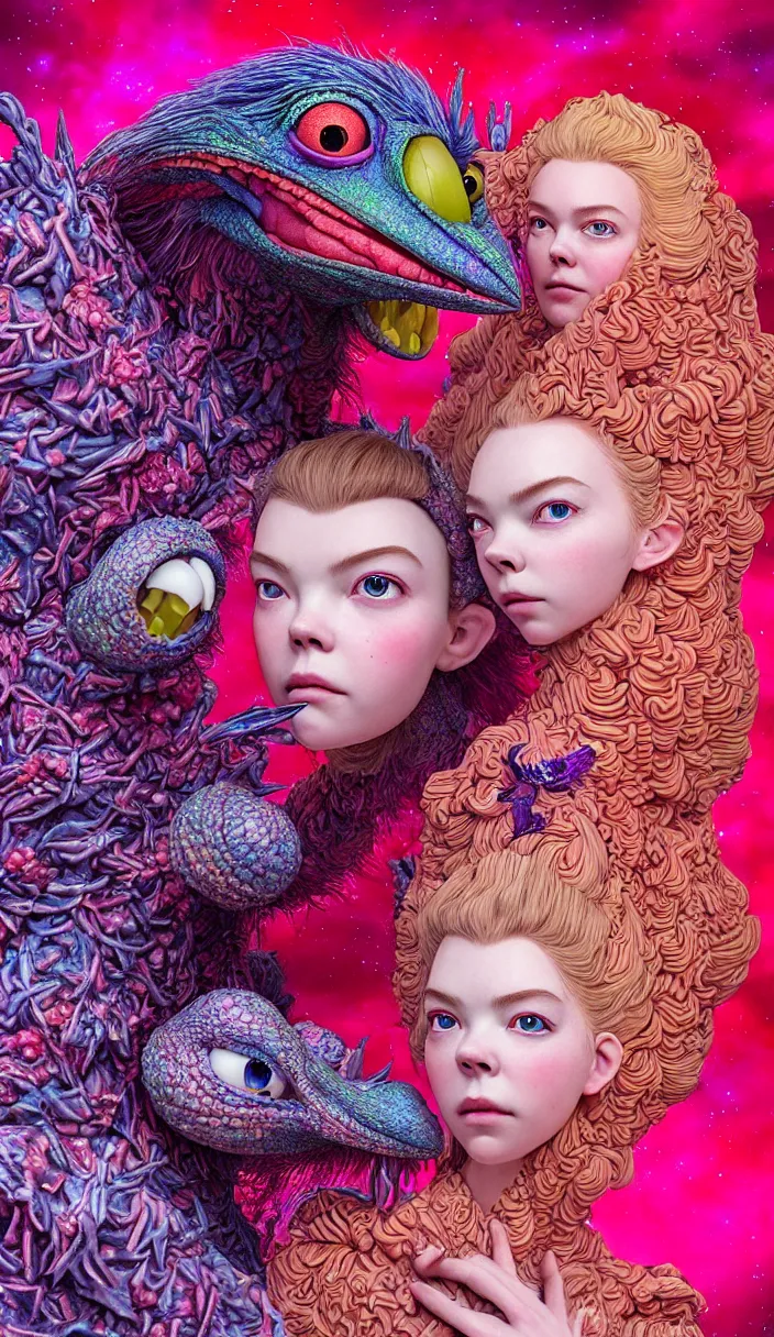 Image similar to hyper detailed 3d render like a Oil painting - kawaii portrait of two Aurora (a beautiful skeksis muppet fae queen protector from dark crystal that looks like Anya Taylor-Joy) seen red carpet photoshoot in UVIVF posing in scaly dress to Eat of the Strangling network of yellowcake aerochrome and milky Fruit and His delicate Hands hold of gossamer polyp blossoms bring iridescent fungal flowers whose spores black the foolish stars by Jacek Yerka, Ilya Kuvshinov, Mariusz Lewandowski, Houdini algorithmic generative render, Abstract brush strokes, Masterpiece, Edward Hopper and James Gilleard, Zdzislaw Beksinski, Mark Ryden, Wolfgang Lettl, hints of Yayoi Kasuma and Dr. Seuss, octane render, 8k