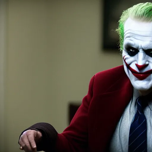 Image similar to Film still of Joe Biden as the Joker, from The Dark Knight (2008)