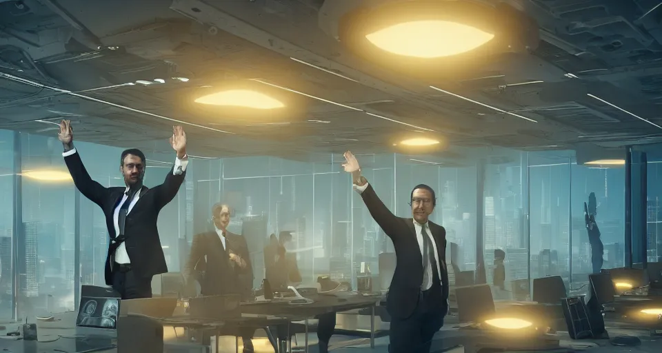 Image similar to Dramatic photo of a CEO waving to a large group of his coworkers in a futuristic office. Golden coins are levitating all around them. 8k, high detail, trending on Artstation, volumetric lighting, cyberpunk