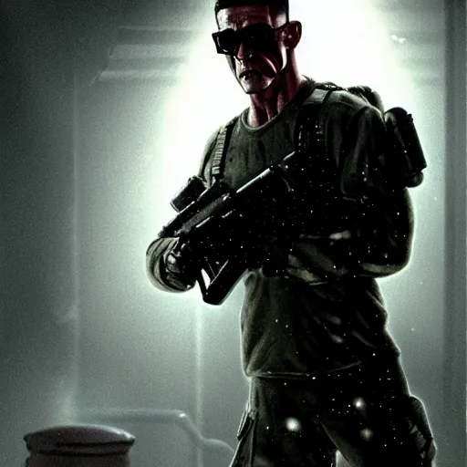 Prompt: rock - man as a soldier smoking a cigarette, still from the movie universal soldier, still from the movie terminator, fog, dramatic lighting, cinematic, 4 k, full body shot, backlit, rim lighting, full body photgraph, shap, football armor, cyberpunk, bladerunner, extreme detail, light rain, trending on artstation