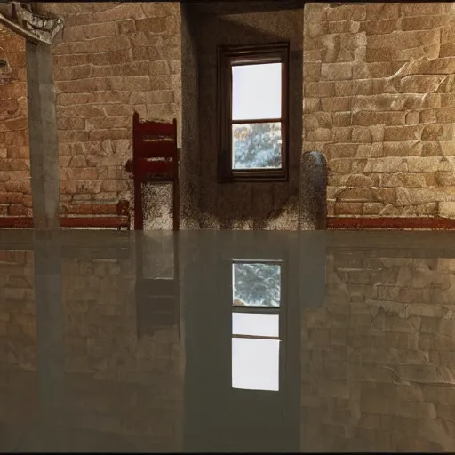 Image similar to puddle on the ground, unreal engine 5, raytracing, reflections seen in water, detailed photo