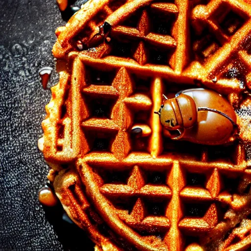 Image similar to a perfect waffle covered in ants, 8 k resolution photo