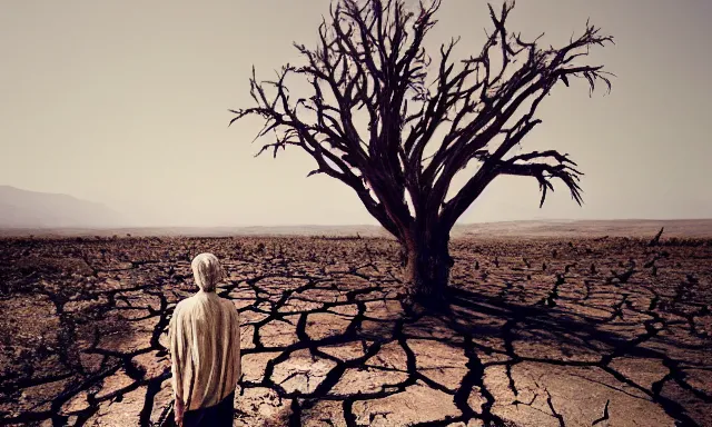 Image similar to medium shot of a nondescript crying ancient dried up Danu, peaceful, facing the camera and standing in front of a dried up river in a desolate land, dead trees, blue sky, hot and sunny, highly-detailed, elegant, dramatic lighting, artstation, 4k, cinematic landscape, photograph by Elisabeth Gadd