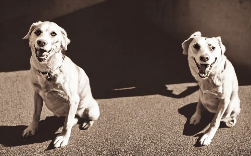 Prompt: a 3 5 mm photo of a dog, sigma 2 4 mm f / 8,, smiling,, sitting, warm lighting, strong shadow, cinematic, realistic,