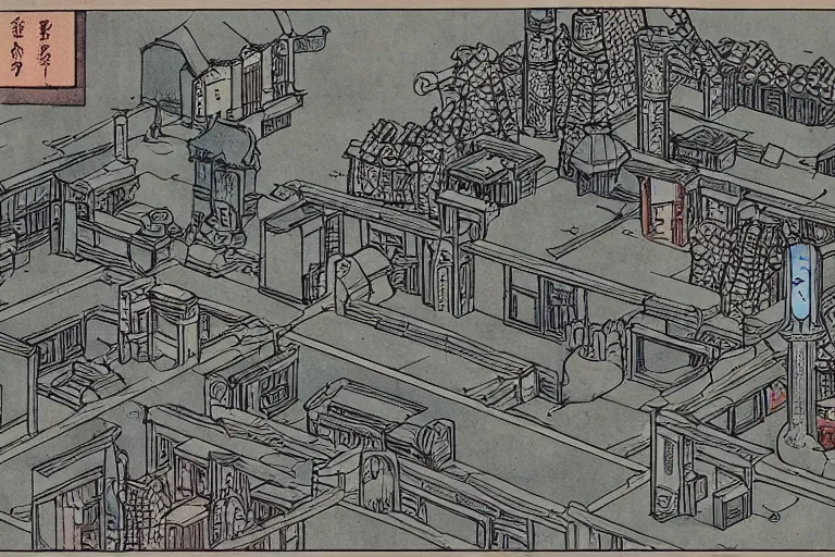 Image similar to a dungeons and dragons castle town. first person view from alleyway. r / retrofuturism and ukiyo - e