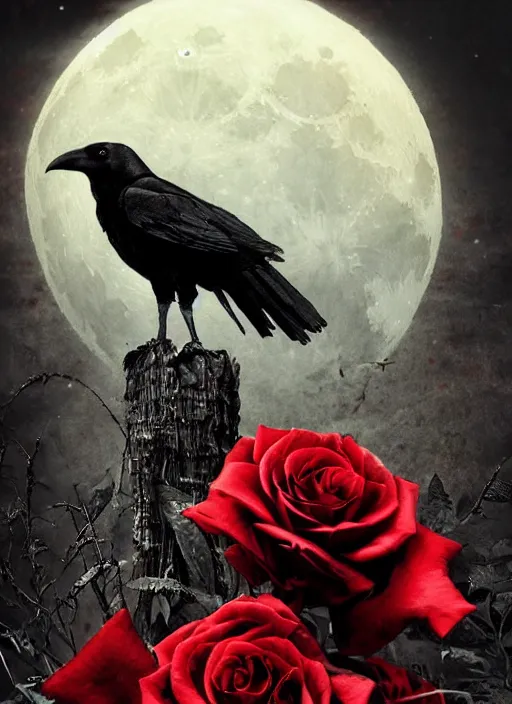 Image similar to portrait, A crow with red eyes in front of the full big moon, book cover, red roses, red white black colors, establishing shot, extremly high detail, foto realistic, cinematic lighting, pen and ink, intricate line drawings, by Yoshitaka Amano, Ruan Jia, Kentaro Miura, Artgerm, post processed, concept art, artstation, matte painting, style by eddie mendoza, raphael lacoste, alex ross