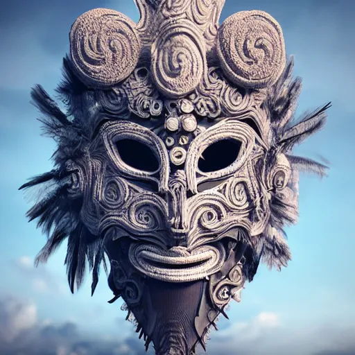 Image similar to an elaborate intricate mask made of wind caught is a cloud vortex, rendered in octane, behance hd, bokeh backdrop