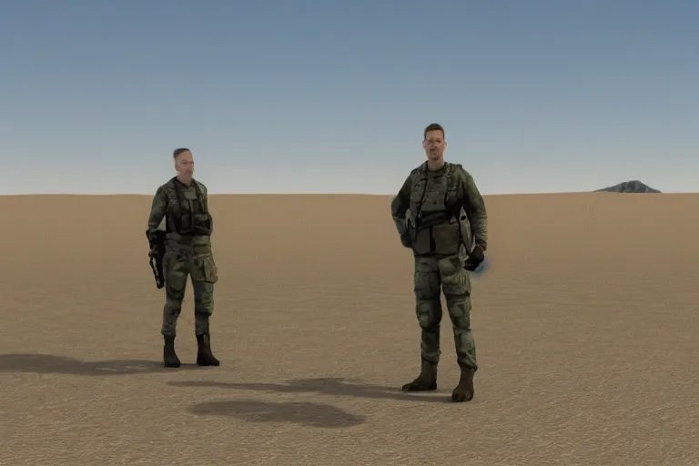Prompt: sergeant dornan is standing in the desert near a closed hangar, a small ripple in the air from the heat, glare from the sun on metal surfaces, realistic proportions, anime style ghost in armor