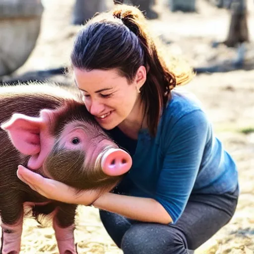 Prompt: a realistic woman petting a human piglet