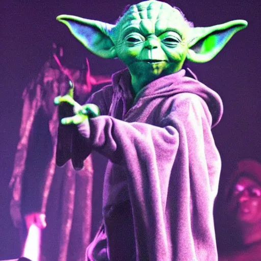 Image similar to Yoda performing on stage at a rap concert