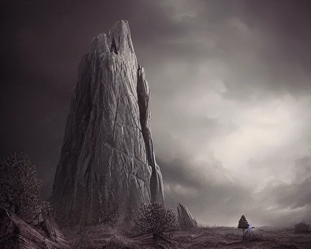 Image similar to monolithic black monolith standing above a stormy dark forest at sunset, illustration, by ( kieran yanner ) ( miranda meeks ) ( anna podedworna ) ( cristi balanescu ), digital art