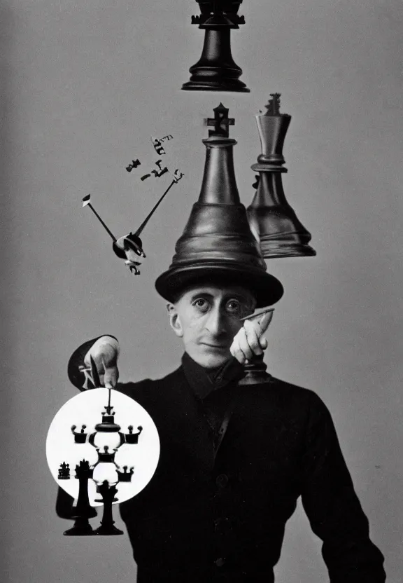 Prompt: a man holding up a single chess - piece, a surrealist painting by marcel duchamp, complex artificial - intelligence machinery, flickr contest winner, surrealist, studio portrait, 1 9 2 0 s