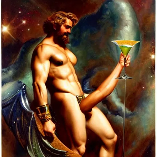 Image similar to muscular zeus wears leather and drinks martinis at a celestial dance club and falls in love with the handsome god jupiter, painting by gaston bussiere, craig mullins, j. c. leyendecker, tom of finland