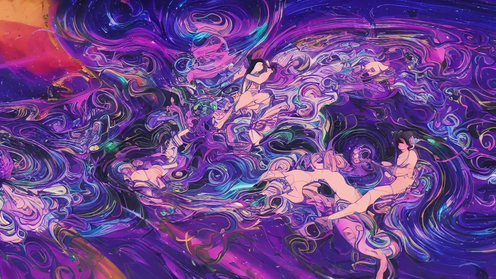 Image similar to detailed and realistic illustration of two presons dancing together, around them a swirl of colors and spirits of fantastic animals surrounding them in a glow, dark blue and intense purple color palette, art by kuvshinov ilya and kojima ayami and amano yoshitaka, 4 k