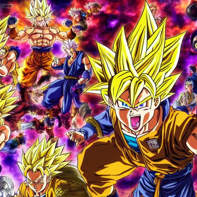 Image similar to super saiyan in the style of jojo's bizarre adventure, ultrafine hyperrealistic detailed face illustration by kim jung gi, akira toriyama, intricate linework, sharp focus, bright colors, matte, octopath traveler, final fantasy, unreal engine highly rendered, global illumination, radiant light, intricate rainbow environment