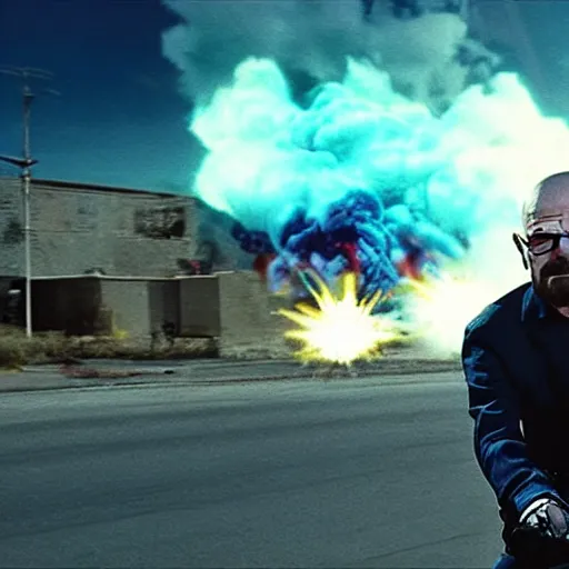 Image similar to photo of walter white riding a bike with an exploding building behind him, color, cinematic lighting