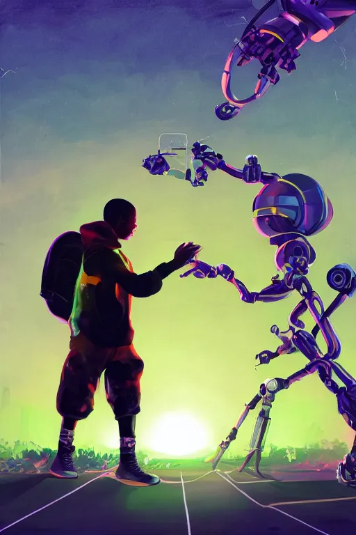 Image similar to a black kid playing with a futuristic robot in the nature, mixing solarpunk, afropunk, cyberpunk, ( ( ( ( volumetric light ) ) ) ), high angle, part by pearl fryar, part by prince damah, sunny day, trending on artstation, cinematic view, illustration, painting.