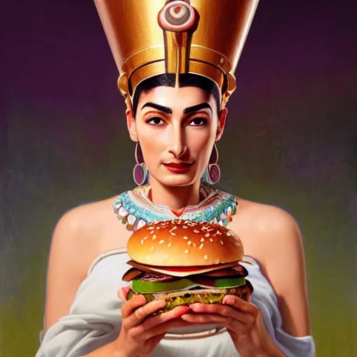 Prompt: portrait of sacred goddess nefertiti eating hamburgers, extra onions and ketchup, luscious patty with sesame seeds, feminine ethereal, handsome, d & d, fantasy, intricate, elegant, highly detailed, digital painting, artstation, concept art, matte, sharp focus, illustration, art by artgerm and greg rutkowski and alphonse mucha