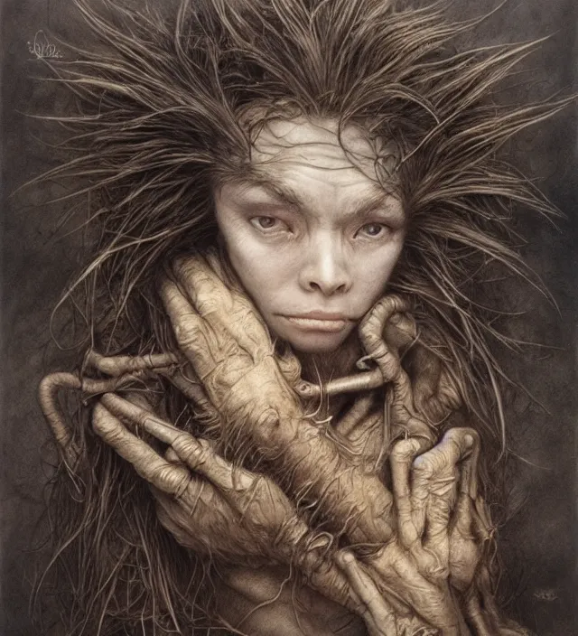 Image similar to hyper realistic portrait of goblin, cinematic, symmetric, dark crystal, alan lee, jean baptiste monge, brian froud scott radke