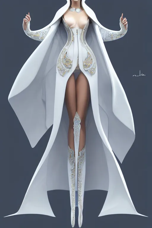Image similar to detailed beautiful noun in opened white blue gold coat, seductive confident pose, attractive feminine curves, intricate details, futuristic, elegant cape, elegant, photorealism, trending on artstation, holy halo, advanced technology, art by moebius and vitaly bulgarov and chanthara