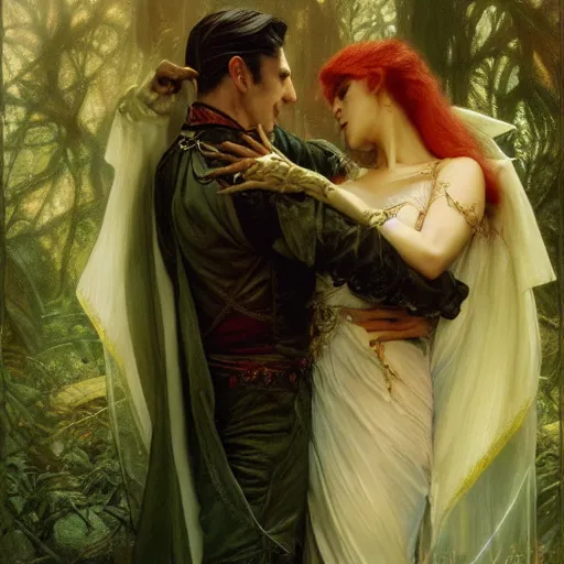 Image similar to attractive male fairy of the forest confesses his love to attractive male dracula the vampire. highly detailed painting by gaston bussiere, craig mullins, j. c. leyendecker 8 k