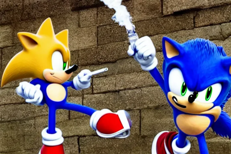 Prompt: Sonic the hedgehog smoking out of a bong