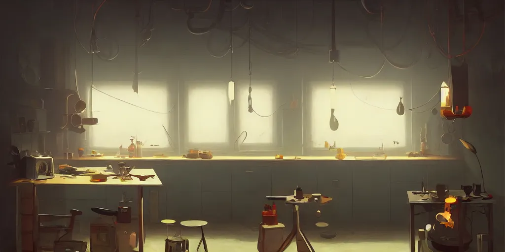 Image similar to minimalistic kitchen dim lit by a candle ripped physique simon stalenhag gerald brom bastien grivet by greg rutkowski, fisheye camera