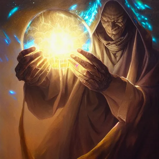 Image similar to the creator of worlds wearing a cloak and holding a holographic planet projection in his hand, detailed, sci - fi, digital painting, artstation, sharp focus, illustration, ominous, artgerm, tomasz alen kopera, peter mohrbacher, donato giancola, joseph christian leyendecker, wlop, frank frazetta