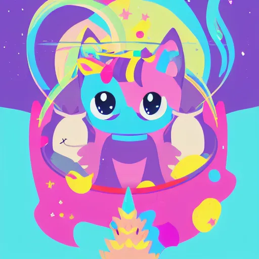 Image similar to a simplified vector based illustration about a very cuteunicorn cat, style of Akira motion movie, space colors, smooth and clean vector curves, no jagged lines, vinyl cut ready