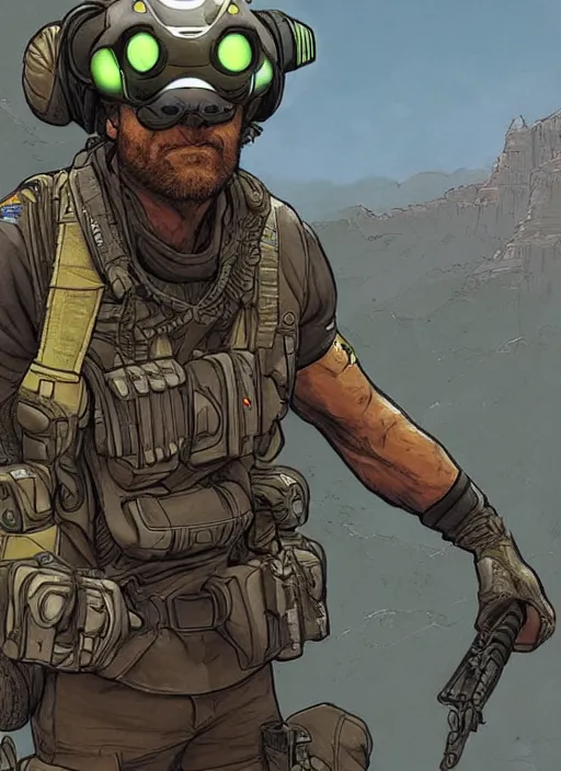 Image similar to apex legends sam fisher. concept art by james gurney and mœbius.