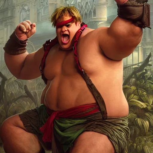 Image similar to chris farley as blanka from street fighter, squatting, ultra realistic, concept art, intricate details, eerie, highly detailed, photorealistic, octane render, 8 k, unreal engine. art by artgerm and greg rutkowski and magali villeneuve and alphonse mucha