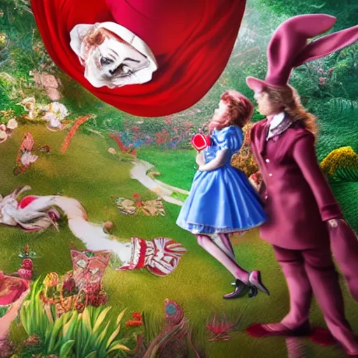 Image similar to recursive Alice in wonderland art. Highly detailed 4k warping in on itself image. Impossible shapes, Alice and the white rabbit chased by the red queen