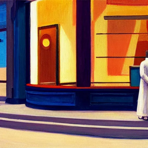 Image similar to an astronaut in front of a restaurant at the evening, in the style of Edward Hopper, 4k,