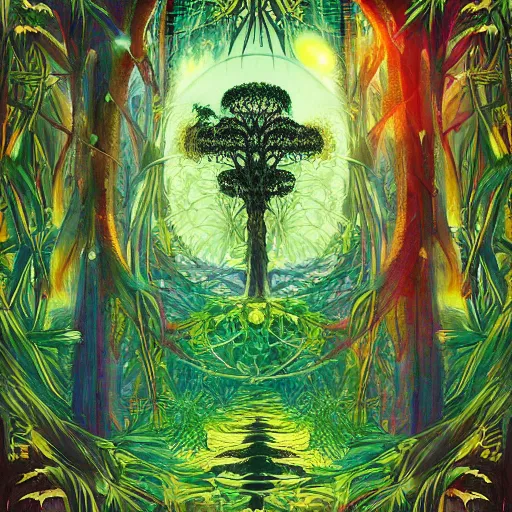 Image similar to impressionist symetrical jungle taste pine tree, by h. p. lovecraft and anton pieckko, surrealist witch's garden turret, poster art dark extraterrestrial aquatic universe cabernet toast, by sandro bottice